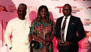  L – R: Temitope Oyeleye, Infobip Partner,TBO; Wendy Ezomo, Integrated Marketing Manager, Infobip; and Olatayo Ladipo-Ajai, Regional Manager, Infobip West Africa at the 2022 Edition of Tech Innovation Award held in Lagos on Saturday