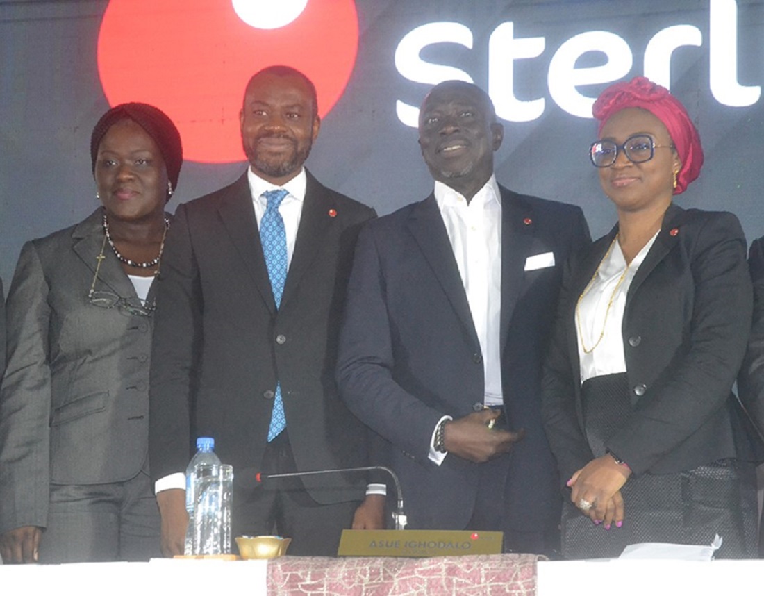 L-R: Non Executive Director, Sterling Bank PLC, Tairat Tijani; Managing Director / Chief Executive Officer, AbubakarR Suleiman; Chairman, Asue Ighodalo; and Company Secretary of the Bank, Temitayo Adegoke, at a Court Ordered meeting of the bank in Lagos on Monday.