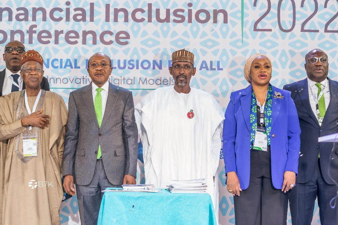L-R: Lai Mohammed CON, Minister of Information and Culture; Godwin Emefiele, Governor of the Central Bank of Nigeria; Alhaji Mohammed Musa Bello CON, Minister of the Federal Capital Territory, Nigeria and Aishah N. Ahmad, CFA– Deputy Governor, Central Bank of Nigeria and Philip Yila Yusuf, Director, Development Finance Department, Central Bank of Nigeria  at the maiden edition of the International Financial Inclusion Conference 2022, which was held at Transcorp Hilton hotel Abuja on Thursday, November 24th, 2022.