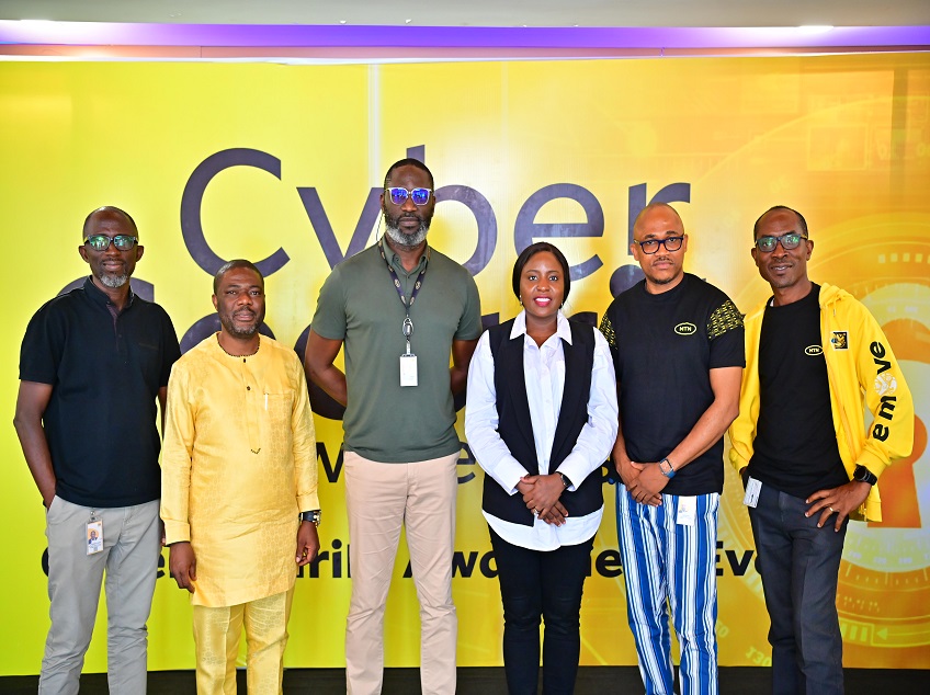 L-R: Oladmeji Joseph, Senior Manager, Governance and Service Resilience, MTN Nigeria; Dr. Obadare Peter Adewale, Cofounder, DigitalEncode; Tobechukwu Okigbo, Chief Corporate Services Officer, MTN Nigeria; Nkiruka Joy Aimienoho, Associate Director, Cybersecurity, Privacy, and Resilience, PwC; Anietie Jude, Senior Manager, Information Security, MTN Nigeria; and Jidekene Orakwue, Manager, Security Operations, MTN Nigeria at the cybersecurity awareness event which held at the MTN Nigeria Head Office on November 11, 2022.