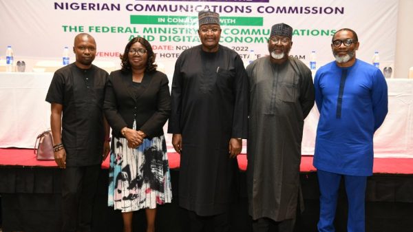 L – R: Gbolahan Thomas, Senior Manager, Regulatory Services, Airtel; Josephine Amuwa, Director, Legal and Regulatory Services, Nigerian Communications Commission (NCC); Prof. Umar Garba Danbatta, Executive Vice Chairman/Chief Executive Officer, NCC; Ubale Maska, Executive Commissioner, Technical Services, NCC; Ikenna Ikeme, General Manager, Regulatory Services, MTN Communications Plc, at the Stakeholders' Forum on the Draft Information Memorandum on 3.5 Spectrum Auction hosted by the Commission in Lagos on Tuesday (15th November 2022).