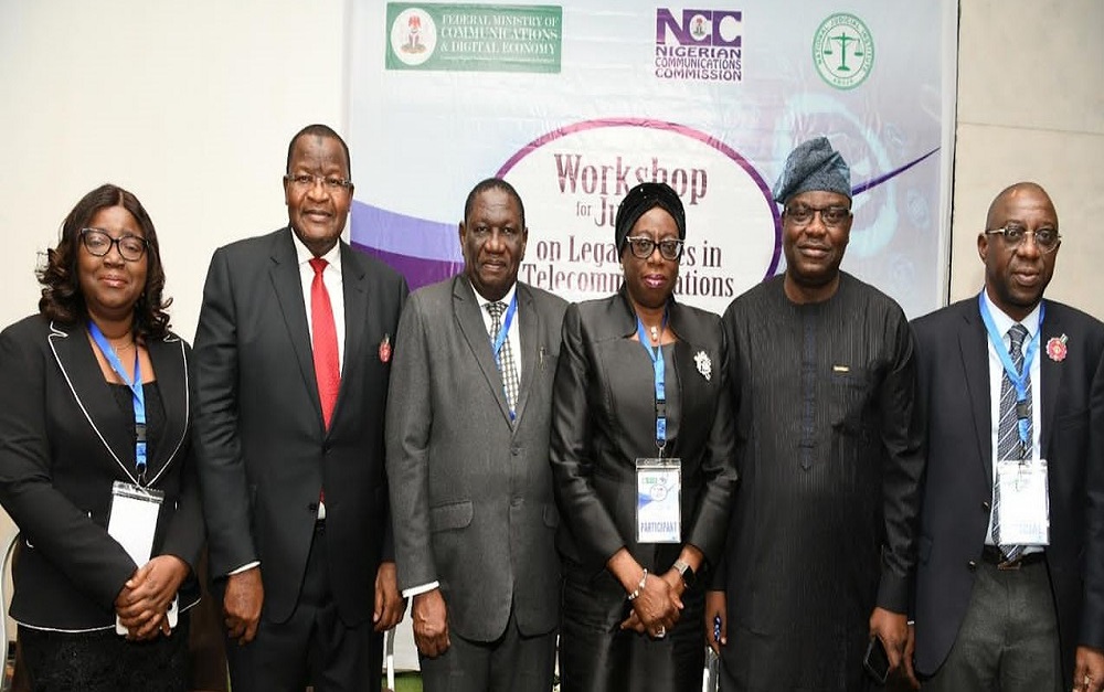 L-R: Josephine Amuwa, Director, Legal and Regulatory Services, Nigerian Communications Commission (NCC); Prof. Umar Garba Danbatta, Executive Vice Chairman/Chief Executive Officer, NCC; Hon. Justice Salisu Garba, Administrator, National Judicial Institute; Hon. Justice Kudirat Kekere-Ekun, Justice of the Supreme Court of Nigeria; Prof. Adeolu Akande, Chairman, Board of Commissioners, NCC; Adeleke Adewolu, Executive Commissioner, Stakeholder Management, NCC at the 18th Edition of the Judges Workshop on Legal Issues in Telecommunications in Lagos this week.