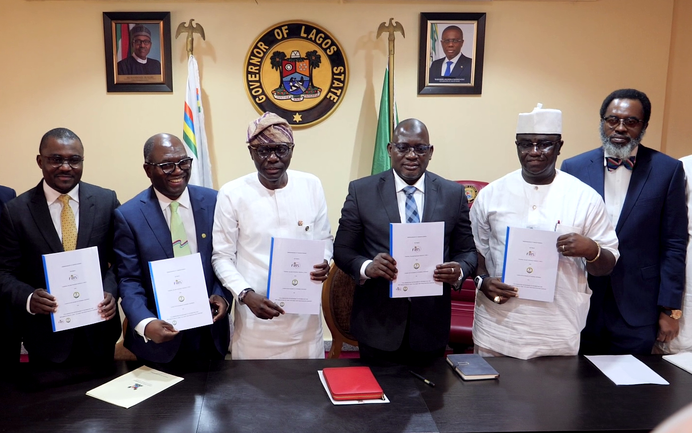 L-R: Lagos State Commissioner for Finance, Dr Rabiu Olowo Onaolapo, Executive Chairman, LIRS, Mr Ayodele Subair, Lagos State Governor, Babajide Sanwo-Olu, Executive Chairman, FIRS, Muhammad Mamman Nami, Minister of State for Finance, Budget and National Planning, Mr Clement Agba and Lagos state Attorney-General & Commissioner for Justice, Mr Moyosore Onigbanjo SAN during the signing of MoU between the Lagos State Internal Revenue Service (LIRS) and Federal Inland Revenue Service (FIRS) held at the Lagos State House, Marina on Monday, February 6, 2023