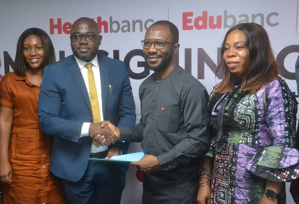 L-R: Dr. Maame Fuwaa Antwi-Gyamfi, Director, Credit Cafe Africa; Mr. Louis Gyimah, Founder, Chief Executive Officer, Credit Cafe Africa; Mr. Obinna Ukachukwu, Divisional Head, Business Growth and Partnerships, Sterling Bank Plc and Mrs. Ibironke Akinmade, Group Head, Health Finance, Sterling Bank Plc at MoU signing ceremony in Lagos recently.