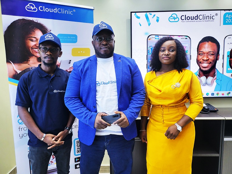 L-R: Flourish Nnamdi, Product Manager; Ifeanyi Aneke, Founder and Chief Executive Officer and Dr Amy Ojiakor, Clinical Director, all of CloudClinic Limited during the media unveiling of CloudClinic, a Cloud-based healthcare platform on Monday, 17 April 2023.