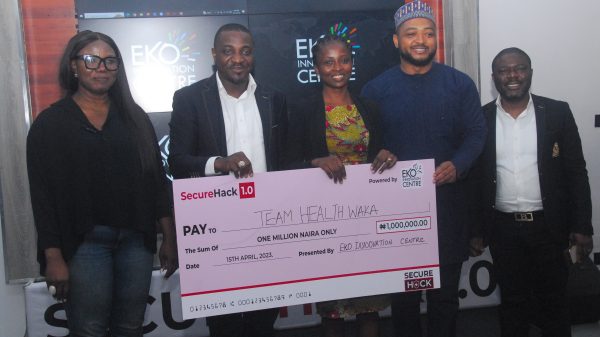 L-R: Ayodele Olojede, Group Head, Emerging Businesses Africa, Access Bank (Final Juror); Victor Afolabi, Founder Eko Innovation Centre and Curator, SecureHack 1.0; Omolola Oluwadara, Product Development Manager, HealthWaka, Winner of SecureHack 1.0; Dr. Obadare Peter Adewale, Co-founder, Digital Encode Limited (Final Juror); and David Arome Ali, Chief Information, Security Officer, Airtel (Final Juror) at the Grand Finale of SecureHack 1.0 held at the Eko Innovation Centre, Ikoyi, Lagos, on Saturday, April 15, 2023.