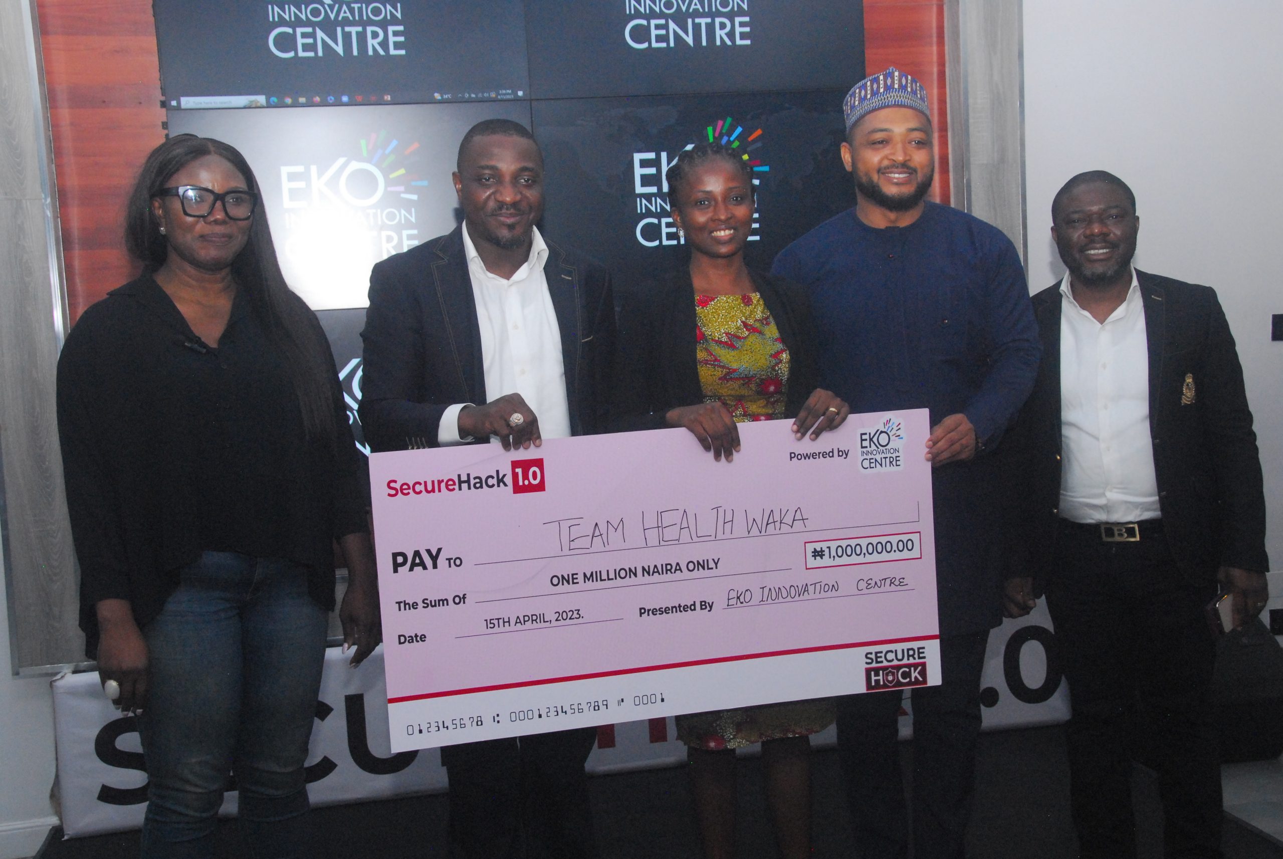 L-R: Ayodele Olojede, Group Head, Emerging Businesses Africa, Access Bank (Final Juror); Victor Afolabi, Founder Eko Innovation Centre and Curator, SecureHack 1.0; Omolola Oluwadara, Product Development Manager, HealthWaka, Winner of SecureHack 1.0; Dr. Obadare Peter Adewale, Co-founder, Digital Encode Limited (Final Juror); and David Arome Ali, Chief Information, Security Officer, Airtel (Final Juror) at the Grand Finale of SecureHack 1.0 held at the Eko Innovation Centre, Ikoyi, Lagos, on Saturday, April 15, 2023.