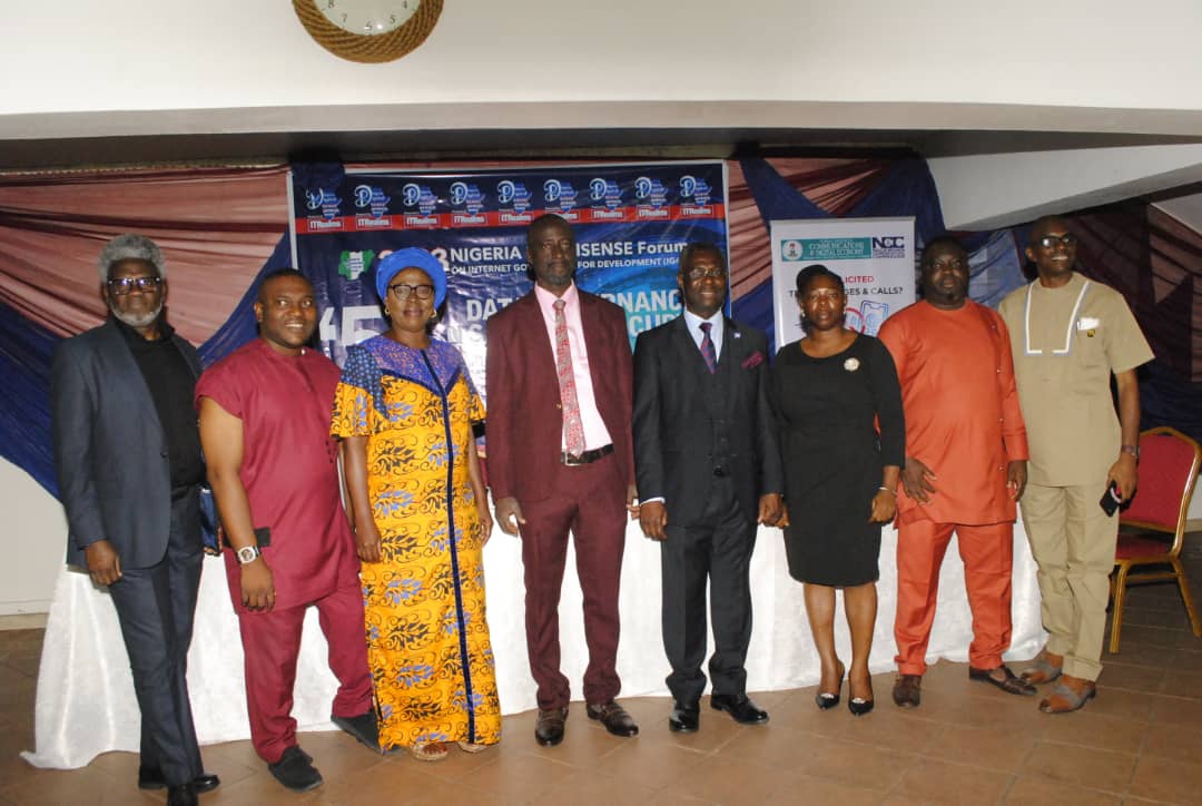 From left: Representative of Director, Public Affairs, NCC and Head, Media Relations Management, Dr Omoniyi Ibietan; Business Development Executive, WizzHub Technology Ltd, Mr. Francis Uzor; Executive Director, Domain Name System Women (DNS Women Nigeria), Mrs Nkem Nweke; Chairman, 2023 NDSF & President, Nigeria Computer Society (NCS), Prof. Adesina Simon Sodiya; representative of Executive Vice Chairman, NCC, Dr. Chidi Diugwu, Tinuade Oguntuyi of Internet Society (ISOC Nigeria), Principal Consultant, CyberCode, Mr Olatunji Igbalajobi, and Lead Consulting Strategist at DigitalSENSE Africa and Group Executive Editor, ITREALMS Media Group at the 2023 Nigeria DigitalSENSE Forum on ‘5G: Data Governance Safety and Security in Nigeria’ held in Lagos.