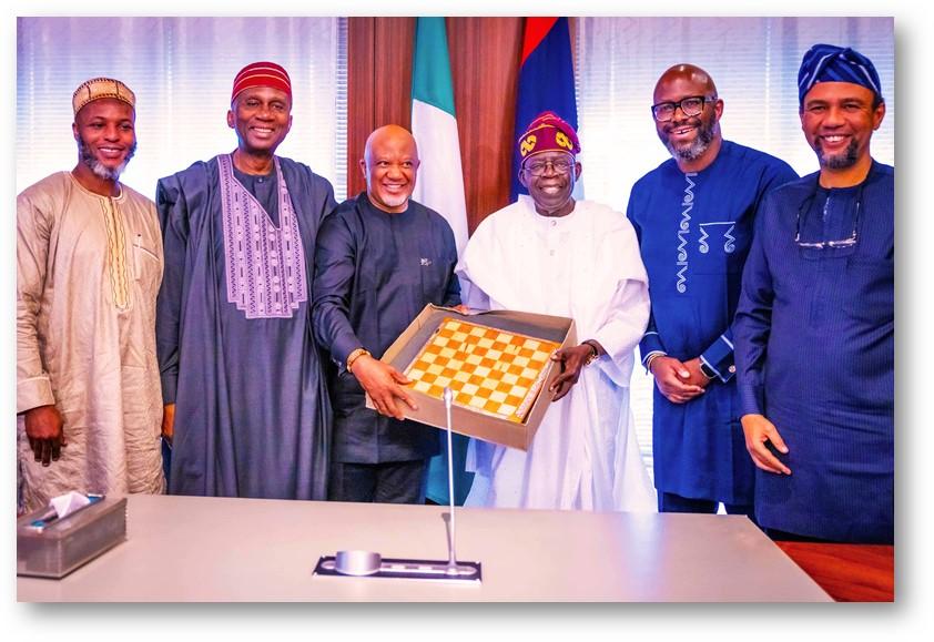 L-R: Chief Financial Officer, MTN Nigeria, Modupe Kadri; Chairman, MTN Nigeria, Dr. Ernest Ndukwe (OFR); Chairman, MTN Group, Mcebisi Jonas; President Bola Ahmed Tinubu; President & CEO, MTN Group, Ralph Mupita and Chief Executive Officer, MTN Nigeria, Karl Toriola during a courtesy visit by the leadership of MTN to the President.