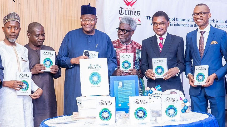 L-R: Representative of Vice Admiral Awwal Gambo (Rtd), Dr. Marwan AbdulKarim; Chief Operating Officer, Premium Times Group, Musikilu Mojeed; Executive Vice Chairman/Chief Executive Officer, Nigerian Communications Commission (NCC), Prof. Umar Danbatta; Head, Media Relations, NCC/Book Author, Dr. Omoniyi Ibietan; Chairman of the Occasion/Former Minister of Information and Communications, Frank Nweke Jr. and Book Reviewer, Azubuike Ishiekwene, at the public presentation of a book on "Cyber Politics" published by Premium Times Books in Abuja recently.