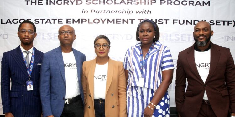 L-R: Hakeem Onasanya, Head, Startups, Lagos Innovation, Lagos State Employment Trust Fund; Rex Mafiana, Chairman, INGRYD Academy; Khadijat Abdulkadir, Chief Executive Officer, INGRYD; Omolara Adewumi, Director, Programmes and Coordination, LSETF, and Osagie Aghedo, Chief Operating Officer/Executive Director, Training, INGRYD Academy, during a press conference on the INGRYD Scholarship Programme in partnership with LSETF in Lagos... on Tuesday.