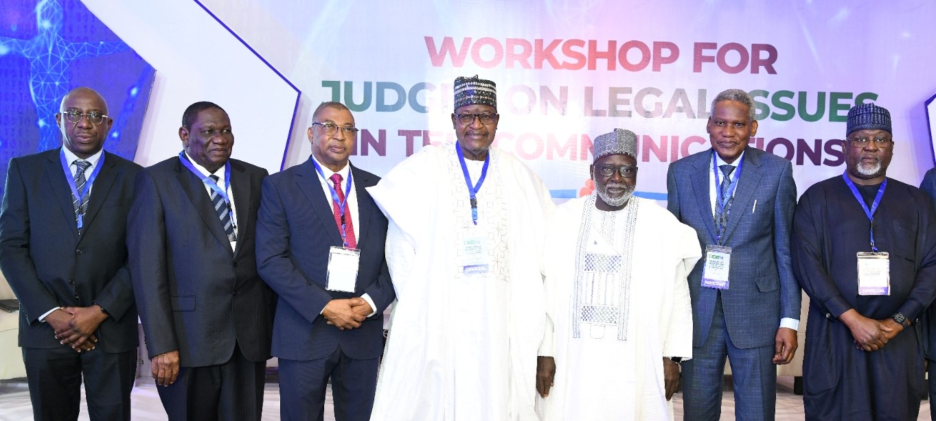 L- R: Executive Commissioner, Stakeholder Management, Nigerian Communications Commission (NCC), Adeleke Adewolu; Administrator, National Judicial Institute (NJI), Justice Salisu Abdullahi; Justice of the Supreme Court, Justice Adamu Jauro; Executive Vice Chairman/Chief Executive Officer, NCC, Prof. Umar Danbatta; Chief Justice of Nigeria, Justice Olukayode Ariwoola; Justice of the Supreme Court, Justice Mohammad Lawal and Executive Commissioner, Technical Services, NCC, Ubale Maska, during the NCC's 19th annual Judges Workshop on Telecom Issue, a three-day event started in Kano on Monday (September 18, 2023).