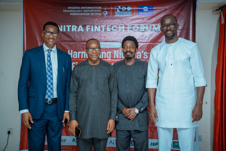 L-R: Mr. Henry Ojiokpota; Lagos Zonal Controller and representative of the EVC/CEO, Nigerian Communications Commission (NCC), Dr. Aminu Maida, Mr. Chike Onwuegbuchi; Chairman of NITRA, Bemigho Awala; PR Manager for MoniePoint Inc,and Efemena Ogie, Head of Partnerships Moniepoint Inc at the NITRA Fintech Forum in Lagos.