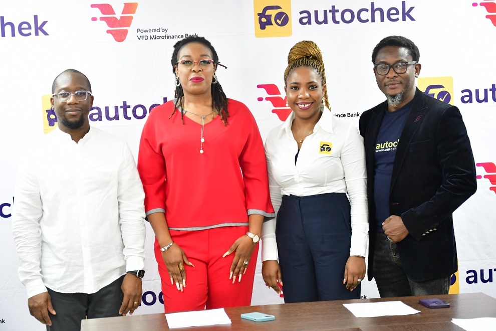 L-R: Gbenga Omolokun, MD, VFD Microfinance Bank (V Bank); Winifred Allison, Executive Director, Product and Marketing, VFD MFB; Mayokun Fadeyibi, Chief Operations Officer, and Philip Ayere, Senior Credit Manager, both of Autocheck Marketplace, at the press conference to announce the partnership between V Bank and Autocheck, in Lagos, yesterday.