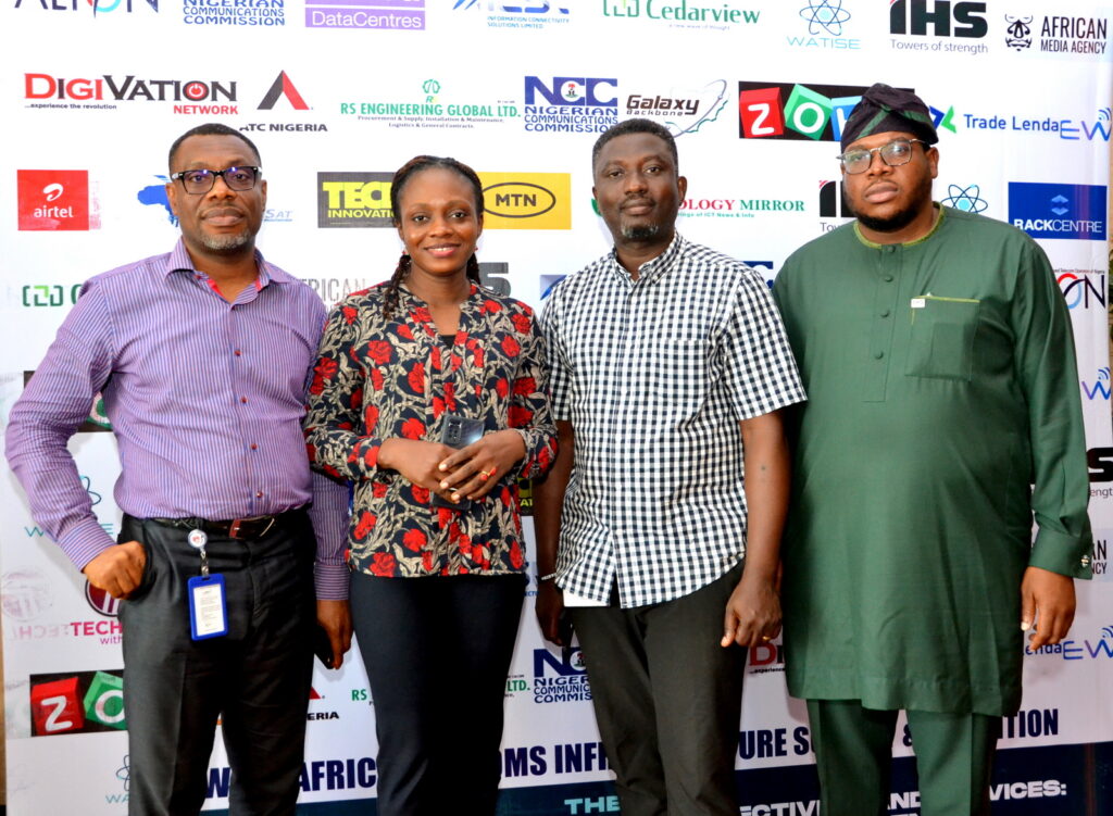 L-R: Soye West (Head of Operations Lagos and Ibadan) Huawei, Onyinyechi Ntuka (Specialist, Database Applications) Commercial IHS Nigeria, Michael Chukwuka Oduh (Associate Director, Field Control & Network Services) Technical Quality Management IHS Nigeria and Kayode A. Olaniyan (Senior Manager, Public Policy & External Relations) Corporate Services IHS Nigeria at WATISE 2023 Maiden Edition.