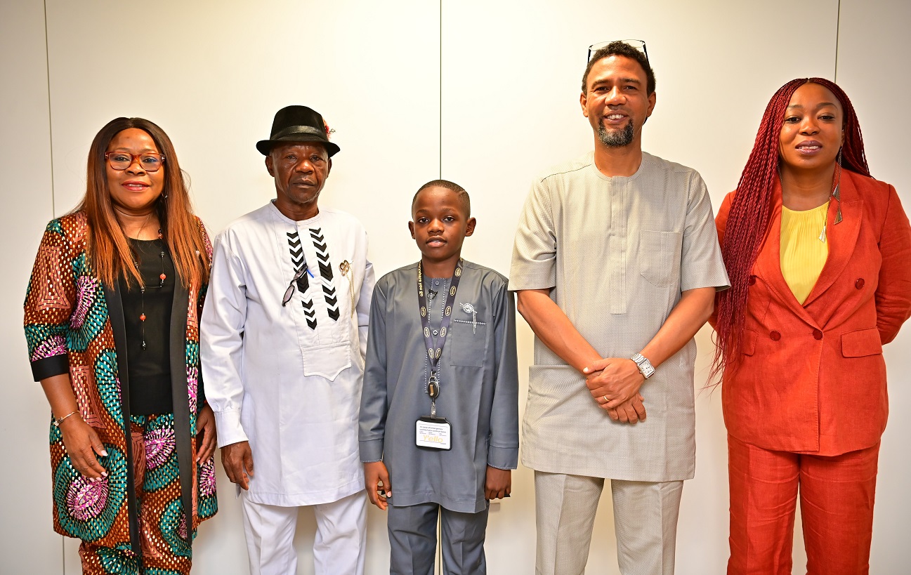 L- R: Esther Akinnukawe, Chief Human Resources Officer, MTN Nigeria; Mr Victor Nkanu, Father of One-Day CEO; Daniel Victor Nkanu, One-Day CEO, MTN Nigeria; Karl Olutokun Toriola, Chief Executive Officer, MTN Nigeria and Esther Akinnukawe, Chief Human Resources Officer, MTN Nigeria, at the One-Day CEO Event, which held at the MTN Headquarters Rooftop, Ikoyi Lagos on January 31, 2024.