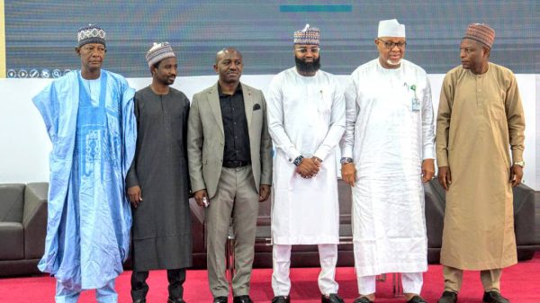 L-R: Coordinating Director, Engineering Infrastructure Directorate, NASENI, Prof Bagudu Gwandangaji; Support Officer/NASEN Desk Officer, OAGF, Mr. Mustapha Marafa; Deputy Programme Manager, System Support and Sustainability Directorate, OAGF, Mr. Jeremiah Asanato; Executive Vice Chairman/CEO of NASENI, Mr. Khalil Suleiman Halilu; Coordinating Director, Finance and Accounts, NASENI, Alh Ibrahim Baba Dauda; Coordinating Director, Science Infrastructure Directorate, NASENI, Prof Umaru Gaya during a one-day sensitization workshop on Government Integrated Financial Management Information System (GIFMIS) policy and guidelines for financial managers organised by the National Agency for Science and Engineering Infrastructure and the Office of the Accountant General of the Federation held at NASENI Headquarters in Abuja on Tuesday, May 14, 2024.