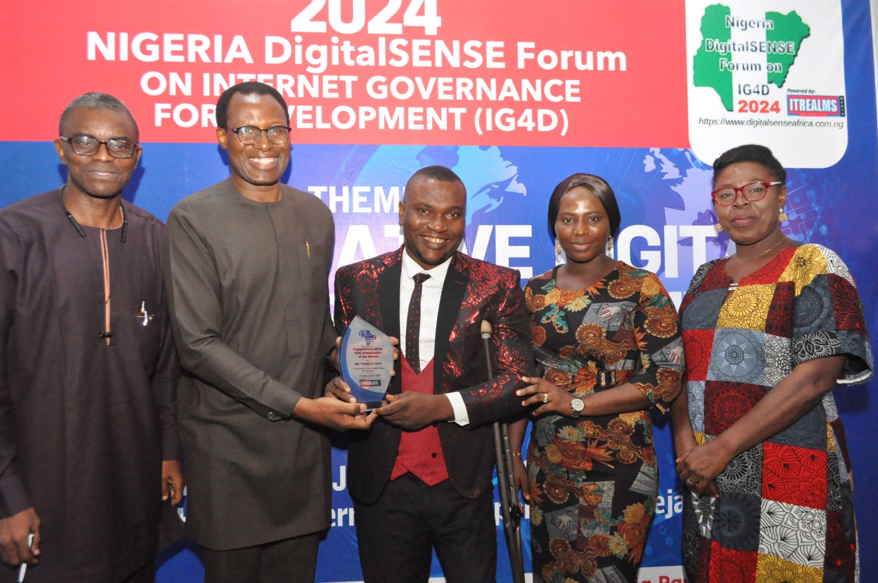 From left: Lead Consulting Strategist, DigitalSENSE Africa, Sir Remmy Nweke, Chairman, Association of Licensed Telecommunications Operators of Nigeria (ALTON), Engr. Gbenga Adebayo, presenting the DigitalSENSE Africa IG4D Ambassador of the decade award to the Managing Director, Wizzyhub Technologies Limited, Mr. Francis Uzor; accompanied by Business Development Consultant, Mrs. Uzor, President/Founder, DNS Women Nigeria, Mrs Nkem Nweke, at the 2024 Nigeria DigitalSENSE Forum (NDSF24) on Internet Governance for Development (IG4D) powered by ITREALMS Media group at esteemed Welcome Centre Hotels, Lagos, last weekend.