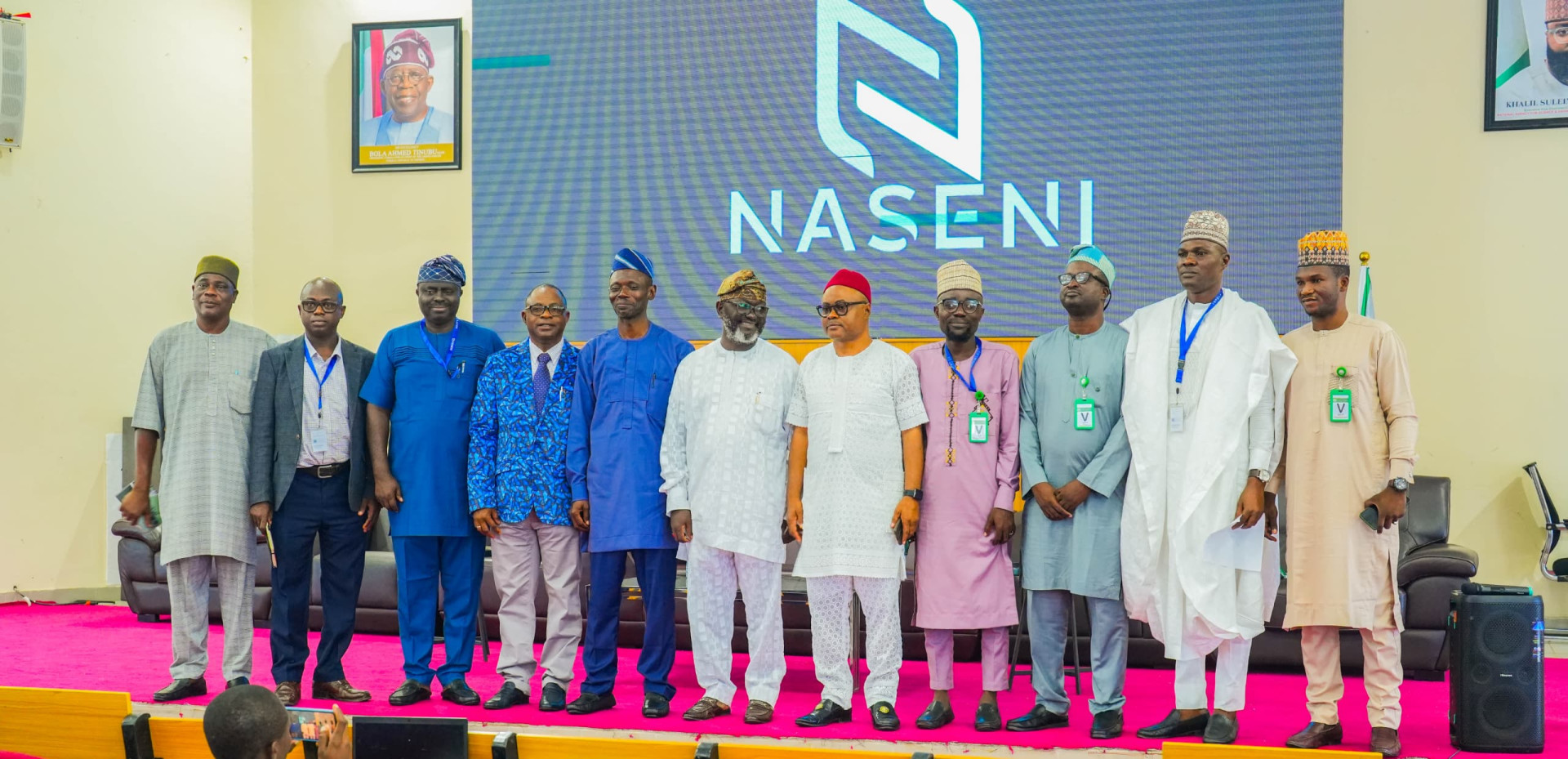 L-R: Deputy Director, Manufacturing Services, Engineering Directorate, NASENI, Dr. Salawu Morufu; Director, Manufacturing Services Department, Engineering Directorate, NASENI, Engr. Dr. Olayode Olasupo; Director, Information, New Media & Protocol, NASENI, Mr. Segun Ayeoyenikan; Research Director, NASENI, Engr. Prof. Abdulmalik Onuwe; Prof. Abass Alade, Department of Chemical Engineering, LAUTECH; Research Director and representative of EVC of NASENI, Engr. Dr. Samuel O. Olusunle; Research Director, NASENI, Dr. Patrick Okwu; Senior Lecturer, Dept. of Physics, Nigeria Maritime University Okerenkoko, Warri, Delta State, Dr. Suleman Kamaldeen Olasunkanmi; Associate Prof. Jimoh Oladejo Tijani, Department of Chemistry, FUT, Minna; Deputy Director and Head of the Research Laboratory Development Department, Science Infrastructure Directorate, NASENI, Dr. Bakare Hassan Oladipo and another staff of FUT, Minna after the presentation of NASENI funded R & D products at the Agency's headquarters recently.