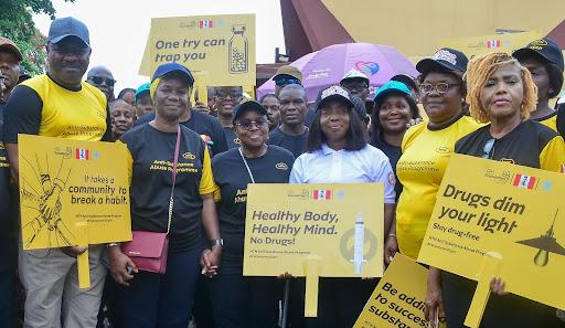 L-R- Abubakar Liman Wali, Commander, Lagos Strategic Command, National Drug Law Enforcement Agency (NDLEA); Uto Ukpanah, Company Secretary, MTN Nigeria; Dr Mosun Belo-Olusoga, Chairman, MTN Foundation; Dr. Ibijoke Sanwo-Olu, First Lady, Lagos State; Prof. Deborah Adewuyi, Professor, Clinical Psychology, Lagos State University, and Prof. Ifeoma Okoye, Director, MTN Foundation, during the advocacy walk for the MTN Anti-Substance Abuse Programme (ASAP) at the University of Lagos, Akoka on Saturday, June 21, 2025.