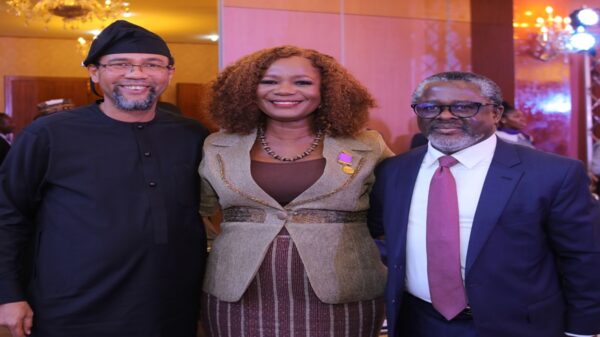 L-R: Dr. Karl Toriola, CEO, MTN Nigeria; Uto Ukpanah, President, ICSAN and Company Secretary, MTN Nigeria, and Aniekan Ukpanah, Managing Partner, Udo Udoma & Belo-Osagie at the Investiture Ceremony of Uto Ukpanah as ICSAN 30th President, held in Lagos on Wednesday, July 23, 2025.