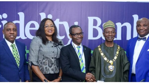L-R: Chairman of the Occasion and Regional Bank Head -Ikeja, Fidelity Bank Plc, Jude Monye, FCA; Associate Prof. & Member, Governing Council, Institute of Chartered Accountants of Nigeria (ICAN), Dr. Mrs Obal Usang Edet Usang, FCA; 4th Chairman, ICAN Fidelity Bank Chapter, Audifax Onuoha, FCA; 61st ICAN President, Mallam Haruna Yahaya MNI, PhD, FCA; and Immediate Past Chairman, ICAN Fidelity Bank Chapter and Chief Financial Officer, Fidelity Bank Plc, Victor Abejegah; during the 4th Investiture and Patron Conferment Ceremony of the ICAN Fidelity Bank Chapter, held at the Fidelity Bank Head Office in Lagos recently.