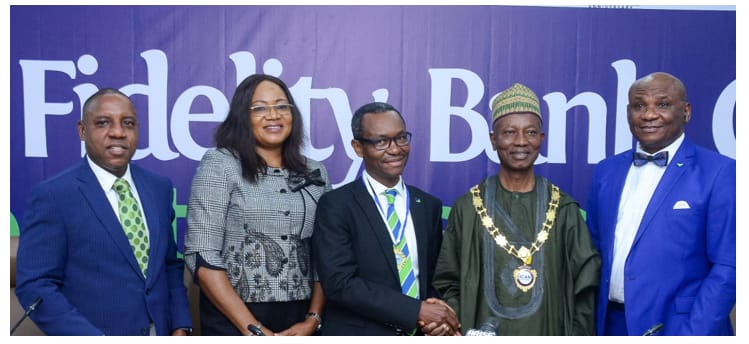 L-R: Chairman of the Occasion and Regional Bank Head -Ikeja, Fidelity Bank Plc, Jude Monye, FCA; Associate Prof. & Member, Governing Council, Institute of Chartered Accountants of Nigeria (ICAN), Dr. Mrs Obal Usang Edet Usang, FCA; 4th Chairman, ICAN Fidelity Bank Chapter, Audifax Onuoha, FCA; 61st ICAN President, Mallam Haruna Yahaya MNI, PhD, FCA; and Immediate Past Chairman, ICAN Fidelity Bank Chapter and Chief Financial Officer, Fidelity Bank Plc, Victor Abejegah; during the 4th Investiture and Patron Conferment Ceremony of the ICAN Fidelity Bank Chapter, held at the Fidelity Bank Head Office in Lagos recently.