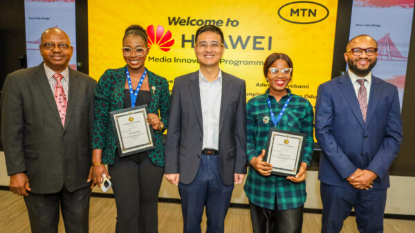L-R: Isaac Ogugua-Ezechukwu, Programs Administrator, Professional Education, School of Media and Communications, Pan-Atlantic University; Blessings Mosugu, Vice President, MTN Media Innovation Programme Cohort 4; Gavin Geng Xiaoyan, Director of Solution Sales\Chief Technical Officer, Huawei; Vanessa Ukamaka Richard, Secretary, MTN MIP Cohort 4 and Dr Chike Mgbeadichie, Programs Director, Professional Education, School of Media and Communications, Pan-Atlantic University, during the July session of the MTN Media Innovation Program held at the Huawei office in Victoria Island, recently.