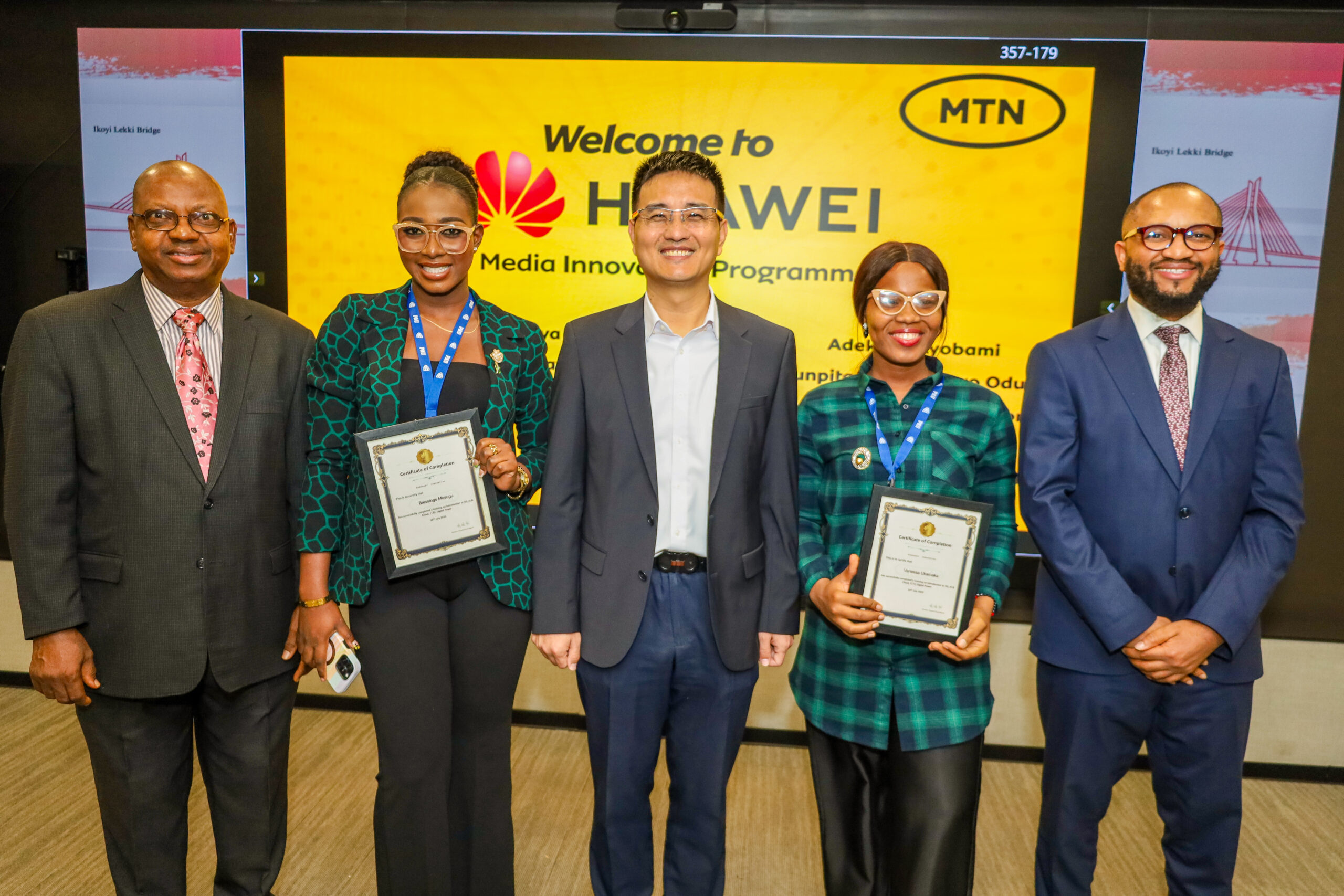 L-R: Isaac Ogugua-Ezechukwu, Programs Administrator, Professional Education, School of Media and Communications, Pan-Atlantic University; Blessings Mosugu, Vice President, MTN Media Innovation Programme Cohort 4; Gavin Geng Xiaoyan, Director of Solution Sales\Chief Technical Officer, Huawei; Vanessa Ukamaka Richard, Secretary, MTN MIP Cohort 4 and Dr Chike Mgbeadichie, Programs Director, Professional Education, School of Media and Communications, Pan-Atlantic University, during the July session of the MTN Media Innovation Program held at the Huawei office in Victoria Island, recently.