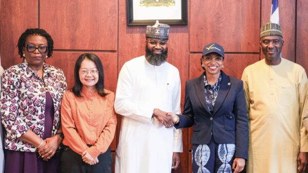 L-R: Dr. Mrs. Nonyem Onyechi, Coordinnating Director, Planning and Business Development, NASENI; Erica Liu, SA China Affairs to the EVC; Executive Vice Chairman/CEO, National Agency for Science and Engineering Infrastructure (NASENI), Mr. Khalil Suleiman Halilu; Minister of Industry, Trade and Investment, Dr. Jumoke Oduwole; and Permanent Secretary, Ministry of Industry, Trade and Investment, Ambassador Nura Abba Rimi during the minister's tour of NASENI facilities on Monday, August 11, 2025