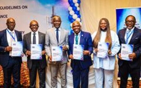 L–R: Secretary, Nigerian Communications Commission (NCC), Gwa Mohammed; Chief Executive Officer, Ministry of Finance Incorporated, Dr. Armstrong Takang; Executive Vice Chairman/Chief Executive Officer, NCC, Dr. Aminu Maida; Coordinating Director, Financial Reporting Council of Nigeria, Mr. Titus Osawe; Executive Commissioner, Stakeholder Management, NCC, Rimini Makama; Professor of Corporate Governance, Lagos Business School, Fabian Ajogwu, SAN, during the workshop/formal launch of Guidelines on Corporate Governance For Nigerian Telecommunications Industry hosted by the Commission in Lagos recently.