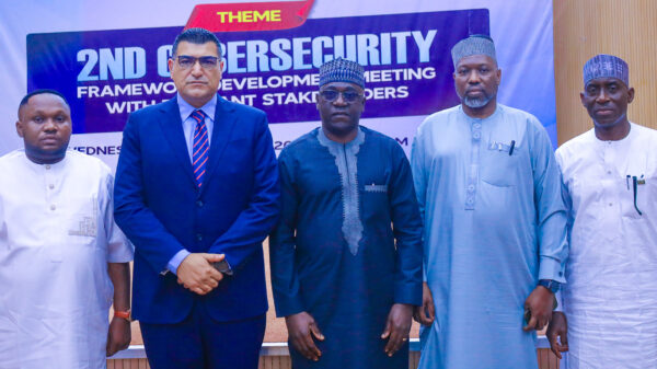 L-R: President, International Youth Parliament, Hon. Promise Digos; Chief Executive Officer, Megamore Wireless Limited, Amin Dayekh; Executive Commissioner, Technical Services, Nigerian Communications Commission (NCC), Abraham Oshadami; Head, Cybersecurity and Internet Governance Department, NCC, Babagana Digima; Chief Executive Officer, Cybernover, Dr. Kazeem Durodoye at the 2nd Cyber Security Stakeholder Workshop Hosted by the Nigerian Communications Commission in Abuja on Wednesday (27th August 2025).