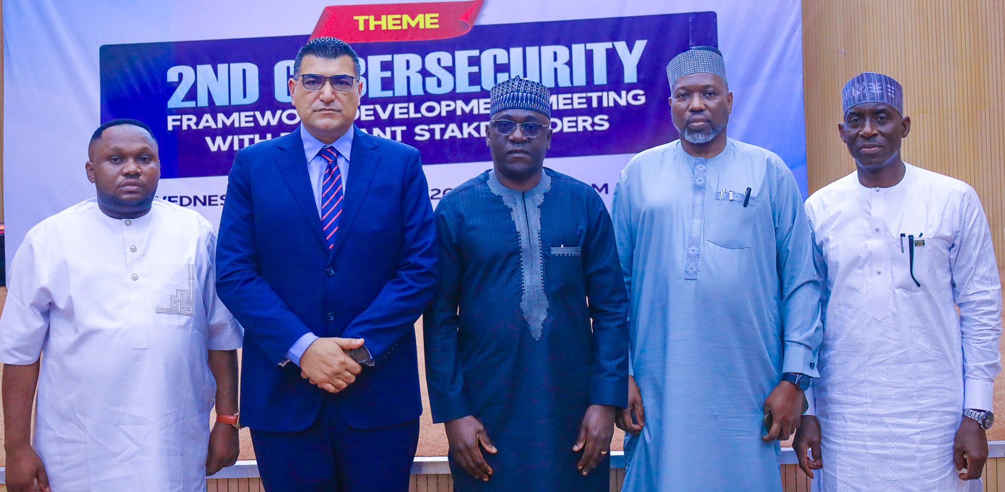 L-R: President, International Youth Parliament, Hon. Promise Digos; Chief Executive Officer, Megamore Wireless Limited, Amin Dayekh; Executive Commissioner, Technical Services, Nigerian Communications Commission (NCC), Abraham Oshadami; Head, Cybersecurity and Internet Governance Department, NCC, Babagana Digima; Chief Executive Officer, Cybernover, Dr. Kazeem Durodoye at the 2nd Cyber Security Stakeholder Workshop Hosted by the Nigerian Communications Commission in Abuja on Wednesday (27th August 2025).