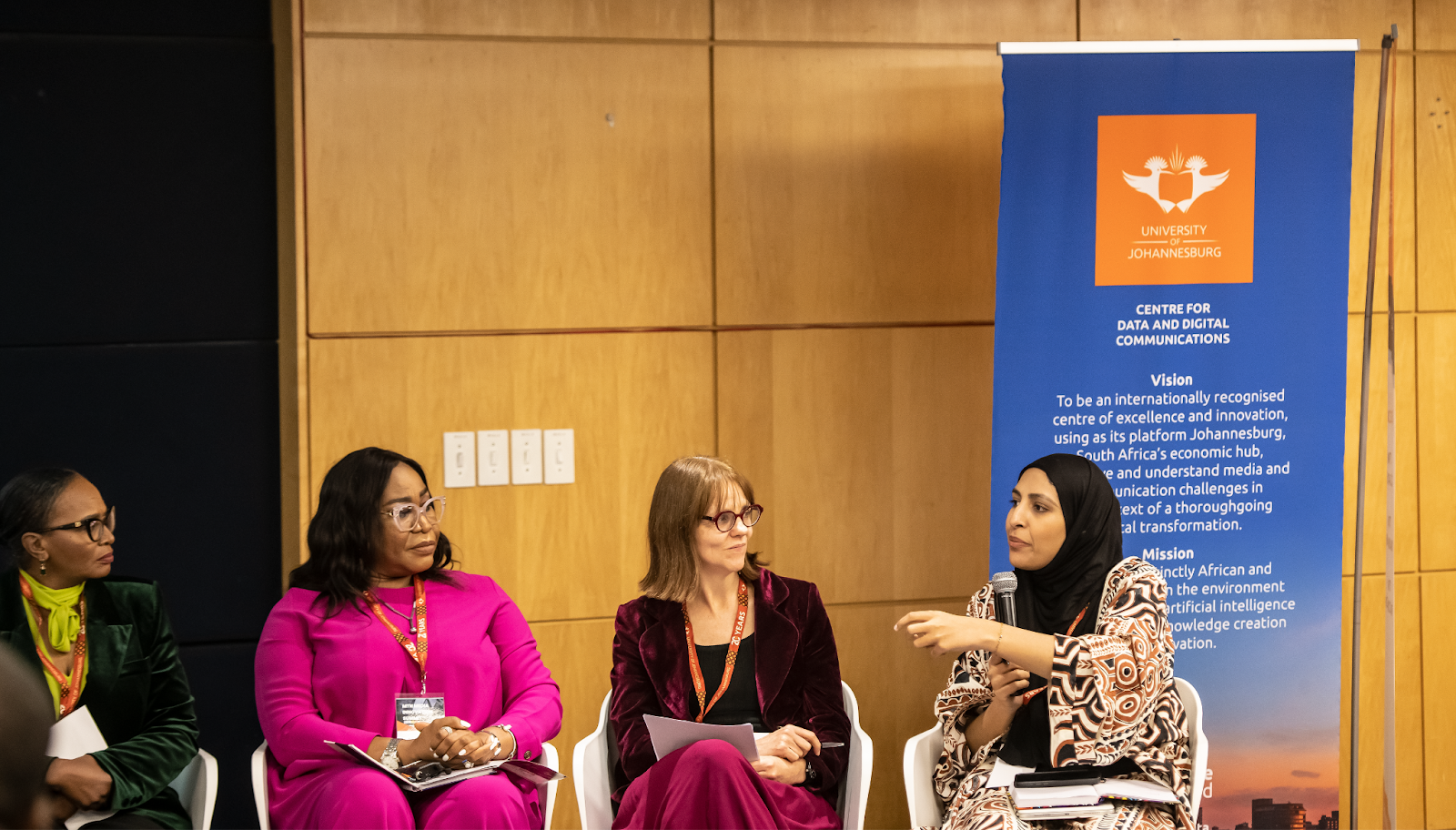 L–R: Sophie Mokoena, International News Editor, South African Broadcasting Corporation (SABC); Amarachi Ubani, Fellow, MTN Media Innovation Program(MIP), Cohort 4; Dr. Kate Skinner, Executive Director, Association of Independent Publishers (AIP) and Quanitah Hunter, News Anchor, Newzroom Africa, during the MTN MIP session at the University of Johannesburg, South Africa, during their South Africa Study Tour on Monday, September 8, 2025.