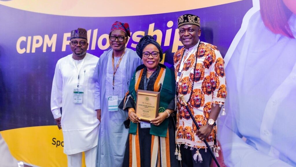 L-R: Katuka Halilu, Regional General Manager, MTN Nigeria; Ajibola Opeoluwa-Calebs, Senior Manager, Reward, MTN Nigeria; Esther Akinnukawe, Chief Human Resources Officer, MTN Nigeria, and ThankGod Otorkpa, General Manager, Regional Operations (Northwest), MTN Nigeria at the Award Ceremony and Gala Night of the Chartered Institute of Personnel Management (CIPM), held at the Bola Ahmed Tinubu International Conference Centre, Abuja, on Thursday, October 30, 2025.
