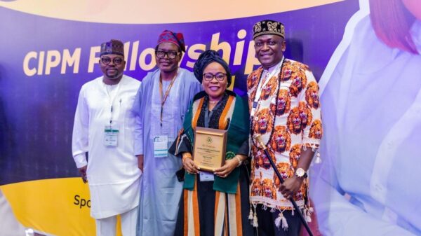 L-R: Katuka Halilu, Regional General Manager, MTN Nigeria; Ajibola Opeoluwa-Calebs, Senior Manager, Reward, MTN Nigeria; Esther Akinnukawe, Chief Human Resources Officer, MTN Nigeria, and ThankGod Otorkpa, General Manager, Regional Operations (Northwest), MTN Nigeria at the Award Ceremony and Gala Night of the Chartered Institute of Personnel Management (CIPM), held at the Bola Ahmed Tinubu International Conference Centre, Abuja, on Thursday, October 30, 2025.