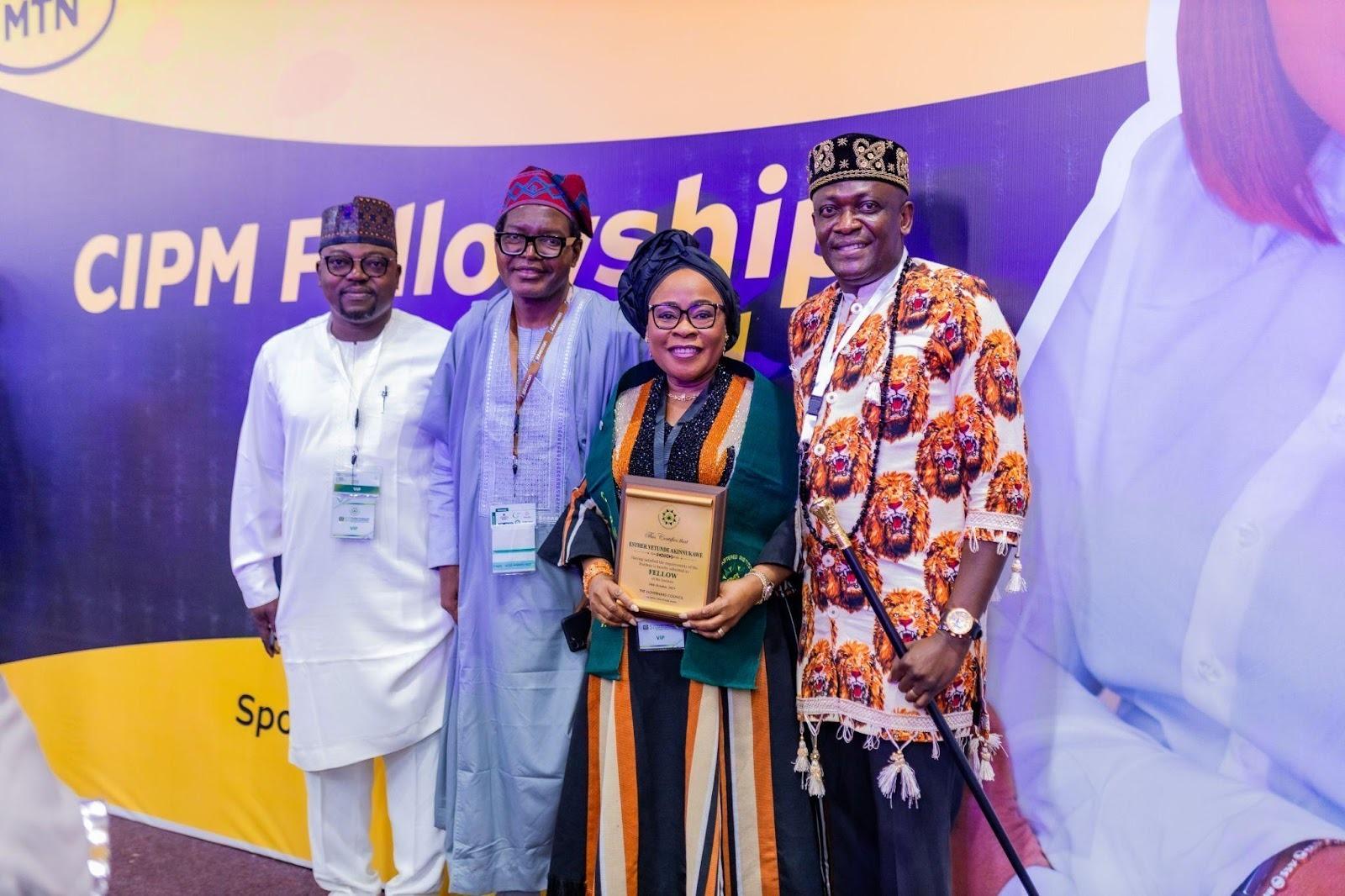 L-R: Katuka Halilu, Regional General Manager, MTN Nigeria; Ajibola Opeoluwa-Calebs, Senior Manager, Reward, MTN Nigeria; Esther Akinnukawe, Chief Human Resources Officer, MTN Nigeria, and ThankGod Otorkpa, General Manager, Regional Operations (Northwest), MTN Nigeria at the Award Ceremony and Gala Night of the Chartered Institute of Personnel Management (CIPM), held at the Bola Ahmed Tinubu International Conference Centre, Abuja, on Thursday, October 30, 2025.