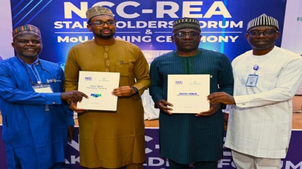L-R: Mr. Kashim Ibrahim, Director, Legal Services, Rural Electrification Agency, REA; Engr. Umar Abdullahi Umar, Executive Director Technical Services, REA; Engr. Abraham Oshadami, Executive Commissioner Technical Services Nigerian Communications Commission, NCC; Mr Gwa Tobbie Mohammed, Director, Commission Secretariat, NCC, during the NCC-REA Stakeholders' Forum and MoU Signing Ceremony, on the 24th of July 2026, at the Commission's Annex Mbora Abuja.