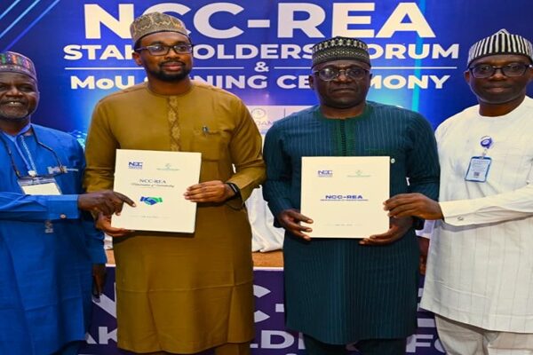 L-R: Mr. Kashim Ibrahim, Director, Legal Services, Rural Electrification Agency, REA; Engr. Umar Abdullahi Umar, Executive Director Technical Services, REA; Engr. Abraham Oshadami, Executive Commissioner Technical Services Nigerian Communications Commission, NCC; Mr Gwa Tobbie Mohammed, Director, Commission Secretariat, NCC, during the NCC-REA Stakeholders' Forum and MoU Signing Ceremony, on the 24th of July 2026, at the Commission's Annex Mbora Abuja.