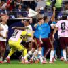Spain players celebrate after defeating France 2-0 in the FIFA World Cup semifinal to qualify for the final.