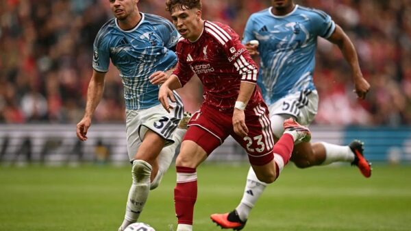 Home » Sports » EPL: Liverpool, Nottingham Forest share points in 2-2 draw Sports August 29, 2026 EPL: Liverpool, Nottingham Forest share points in 2-2 draw EPL: Liverpool, Nottingham Forest share points in 2-2 draw Liverpool’s Spanish midfielder #23 Victor Munoz (C) runs with the ball during the English Premier League football match between Liverpool and Nottingham Forest at Anfield in Liverpool, north west England on August 29, 2026. (