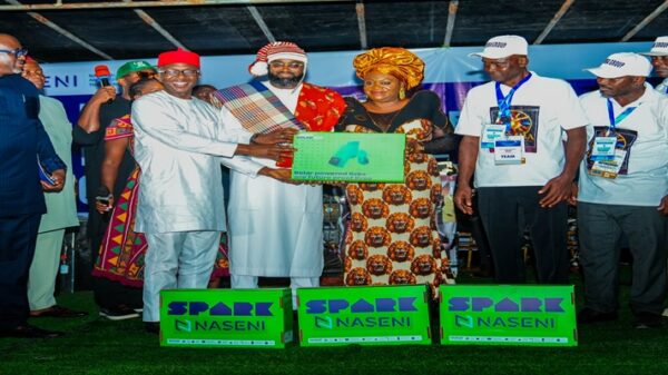 L-R: Director-General, Greater Ohafia Development Authority (GODA), Abia State, Elder Engineer Obinna Odum; MD/CEO, Ministry of Finance Incorporated (MOFI), Dr. Armstrong Ume Takang; EVC/CEO, National Agency for Science and Engineering Infrastructure (NASENI), Mr. Khalil Suleiman Halilu while presenting the NASENI Home Solar System empowerment to beneficiaries during the NASENI Sustainable Empowerment Programme (NSEP) held in Ohafia Local Government Area, Abia State on Thursday 27th August, 2026.