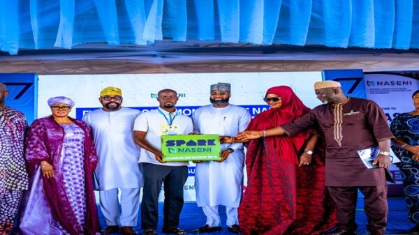 Chief of Staff to the President of Nigeria, Rt. Hon. Femi Gbajabiamila CFR, represented by Member representing Surulere Federal Constituency, House of Reps, Hon. Fuad Laguda, (3rd from left); recipient of NASENI Sustainable Empowerment Programme (4th left); EVC of NASENI, Khalil Suleiman Halilu (5th from left); Chairman, House of Reps Committee on Finance, Hon. James Abiodun Faleke, represented by Executive Chairman of Ikosi-Isheri LCDA, Hon. Princess Samiat Abolanle Bada (3RD from right); Chairman, Governing Board, NCC, Chief Idris Ibikunle Olorunnimbe represented by Chairman, Ikeja LGA, Hon. Akeem Dauda (2nd from right) and others during the Sustainable Empowerment Programme organised by the National Agency for Science and Engineering Infrastructure in Ikeja, Lagos at the weekend.