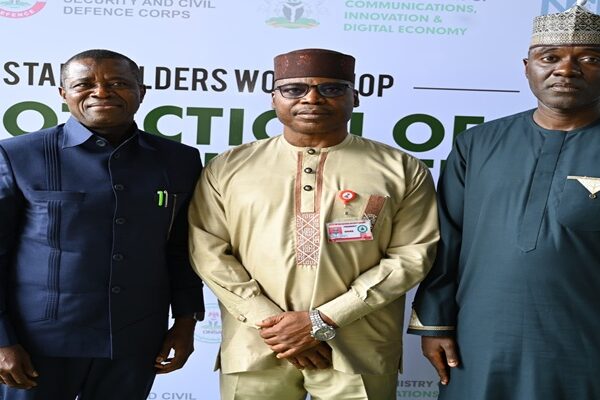 L - R: Rafiu Adeladan, Permanent Secretary, Federal Ministry of Works; Air Vice Marshal Effiom Ewa, Director, Directorate of Critical National Assets and Infrastructure Protection (DCNAIP), Office of the National Security Adviser (ONSA); Dr. Aminu Maida, Executive Vice Chairman/CEO, Nigerian Communications Commission (NCC); during the Stakeholders' Workshop for the Protection of Fibre Optic Cables During Road Construction, held on 11 August 2026 at the National Counter Terrorism Centre, Office of the National Security Adviser, Abuja.
