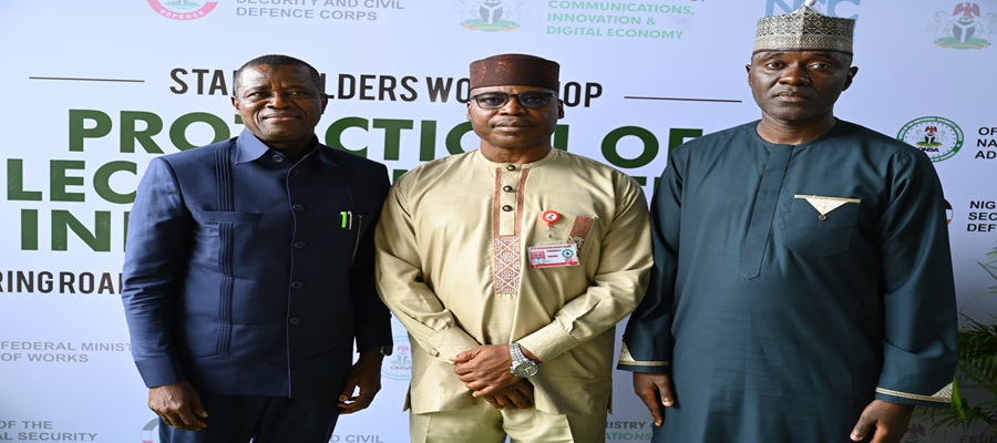 L - R: Rafiu Adeladan, Permanent Secretary, Federal Ministry of Works; Air Vice Marshal Effiom Ewa, Director, Directorate of Critical National Assets and Infrastructure Protection (DCNAIP), Office of the National Security Adviser (ONSA); Dr. Aminu Maida, Executive Vice Chairman/CEO, Nigerian Communications Commission (NCC); during the Stakeholders' Workshop for the Protection of Fibre Optic Cables During Road Construction, held on 11 August 2026 at the National Counter Terrorism Centre, Office of the National Security Adviser, Abuja.