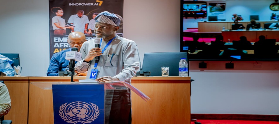 DG NITDA's rep, Director Digital Development Services, Mr Oladejo Olawunmi, giving his goodwill message at the Official Launch of the ESBC/Innopower Free MSMEs AI Training Programme held in Abuja .