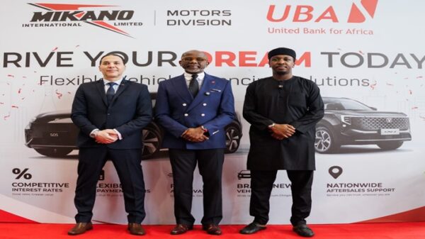 General Manager, Mikano Motors, Tarek Mostafa; Executive Director, Personal and Business Banking, United Bank for Africa, Chidi Okpala and National Operations Manager, Syam Abdulkadir, during a partnership signing between both parties, themed: ‘Drive Your Dreams Today’, a Flexible vehicle financing solutions, initiative at the Mikano Showroom in Victoria Island