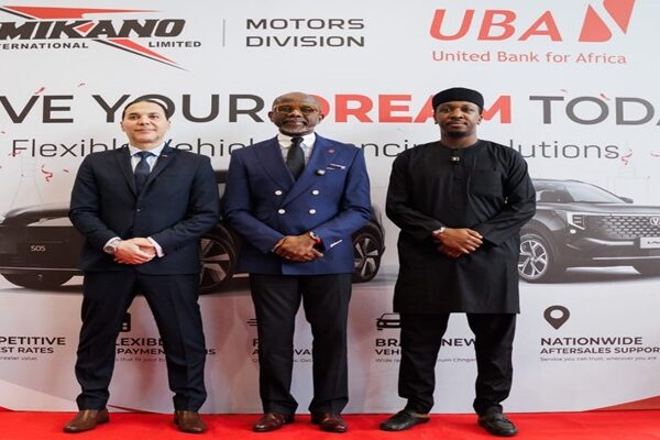 General Manager, Mikano Motors, Tarek Mostafa; Executive Director, Personal and Business Banking, United Bank for Africa, Chidi Okpala and National Operations Manager, Syam Abdulkadir, during a partnership signing between both parties, themed: ‘Drive Your Dreams Today’, a Flexible vehicle financing solutions, initiative at the Mikano Showroom in Victoria Island