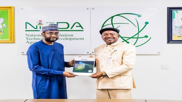 The Director General, NITDA, Kashifu Inuwa and the Vice Chancellor, University of Abuja Professor Hakeem Babatunde Fawehinmi during a courtesy visit to the agency’s headquarters