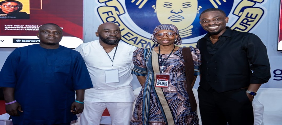 L:R - Damilare Adebisi, Yemi Orimolade,. Zainab Sani O. and Deji Onadeko pose for a group photograph after their Panel Session on AI for National Development & Economic Transformation at ACAI Conference 2026.